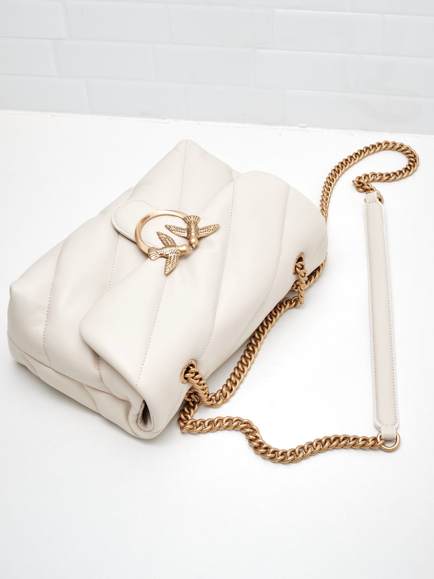 PINKO - Borsa a Tracolla Classic Love Bag Puff Maxi Quilt white silk gold 